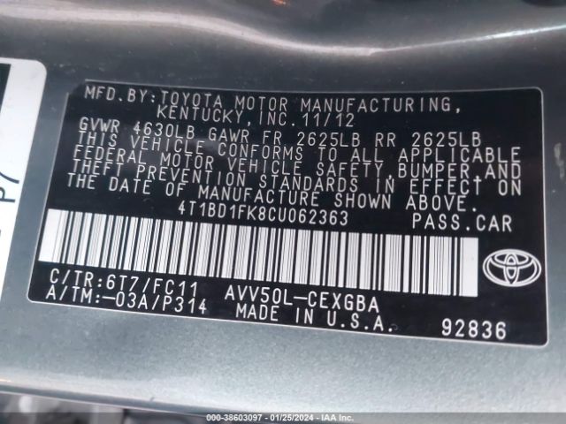 Photo 8 VIN: 4T1BD1FK8CU062363 - TOYOTA CAMRY HYBRID 