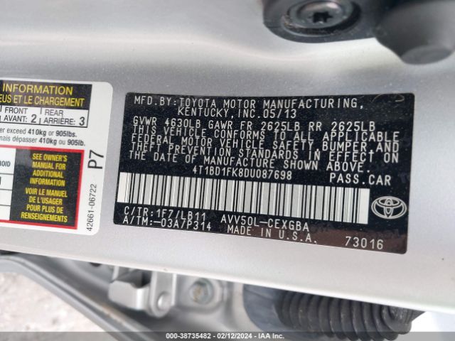 Photo 8 VIN: 4T1BD1FK8DU087698 - TOYOTA CAMRY HYBRID 