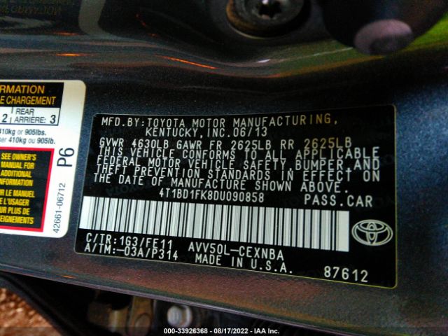 Photo 8 VIN: 4T1BD1FK8DU090858 - TOYOTA CAMRY HYBRID 