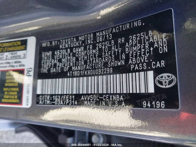 Photo 8 VIN: 4T1BD1FK8DU092299 - TOYOTA CAMRY HYBRID 