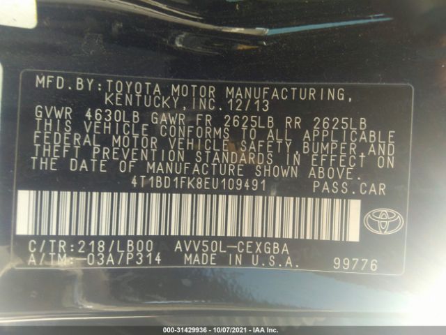 Photo 8 VIN: 4T1BD1FK8EU109491 - TOYOTA CAMRY 