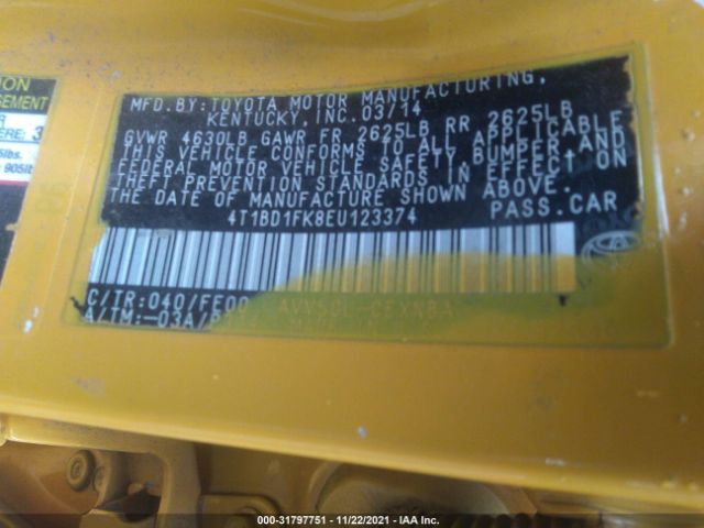 Photo 8 VIN: 4T1BD1FK8EU123374 - TOYOTA CAMRY HYBRID 