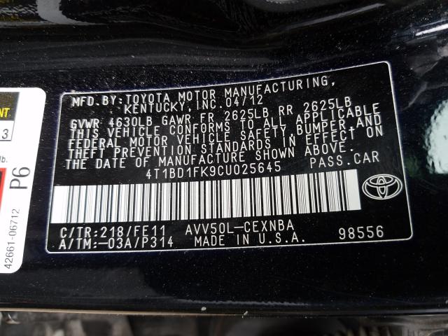 Photo 9 VIN: 4T1BD1FK9CU025645 - TOYOTA CAMRY HYBR 