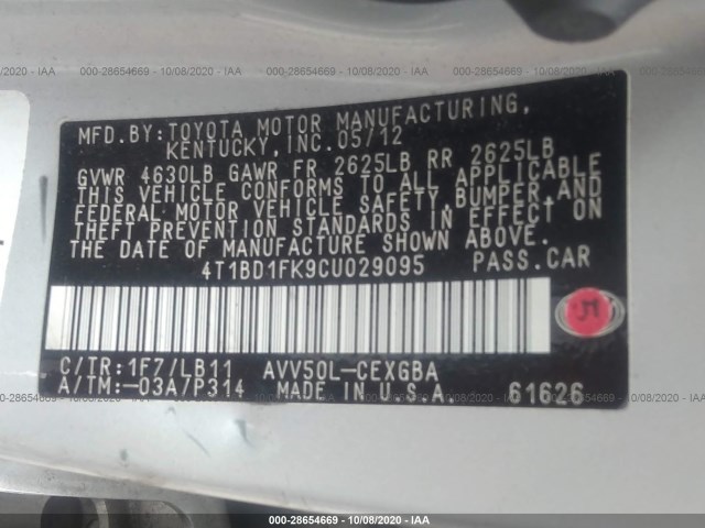 Photo 8 VIN: 4T1BD1FK9CU029095 - TOYOTA CAMRY HYBRID 