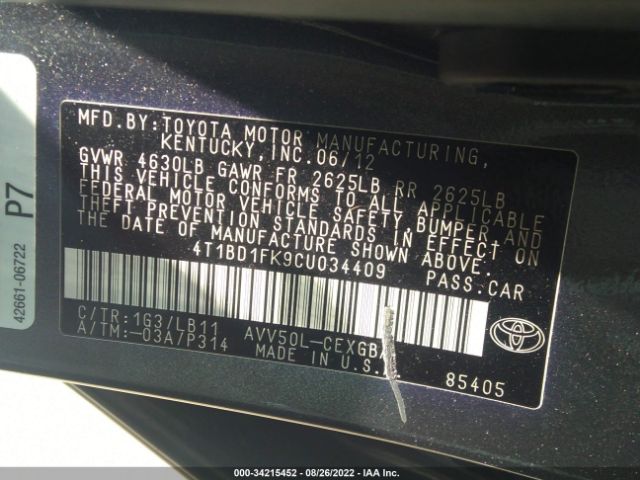 Photo 8 VIN: 4T1BD1FK9CU034409 - TOYOTA CAMRY HYBRID 