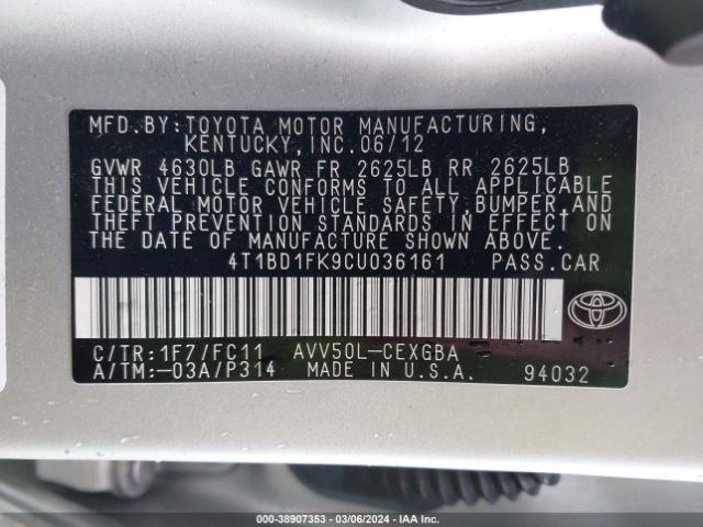 Photo 8 VIN: 4T1BD1FK9CU036161 - TOYOTA CAMRY HYBRID 