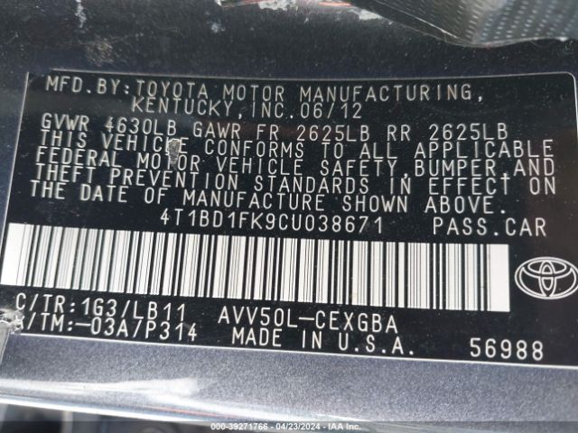 Photo 8 VIN: 4T1BD1FK9CU038671 - TOYOTA CAMRY HYBRID 