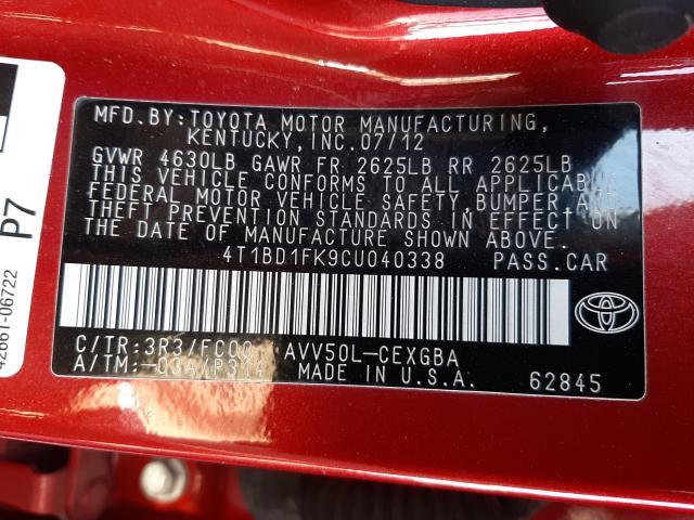 Photo 9 VIN: 4T1BD1FK9CU040338 - TOYOTA CAMRY HYBR 