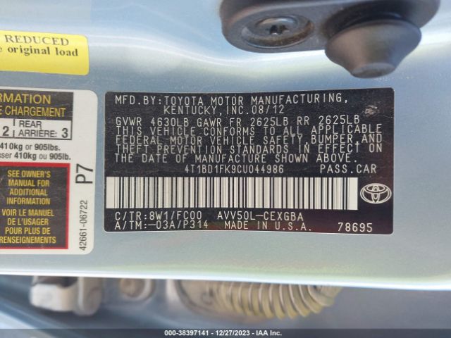 Photo 8 VIN: 4T1BD1FK9CU044986 - TOYOTA CAMRY HYBRID 