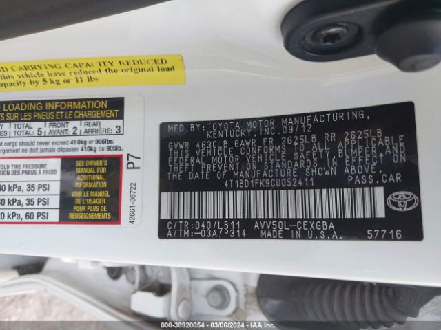 Photo 8 VIN: 4T1BD1FK9CU052411 - TOYOTA CAMRY HYBRID 