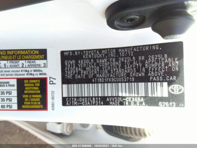 Photo 8 VIN: 4T1BD1FK9CU053719 - TOYOTA CAMRY HYBRID 