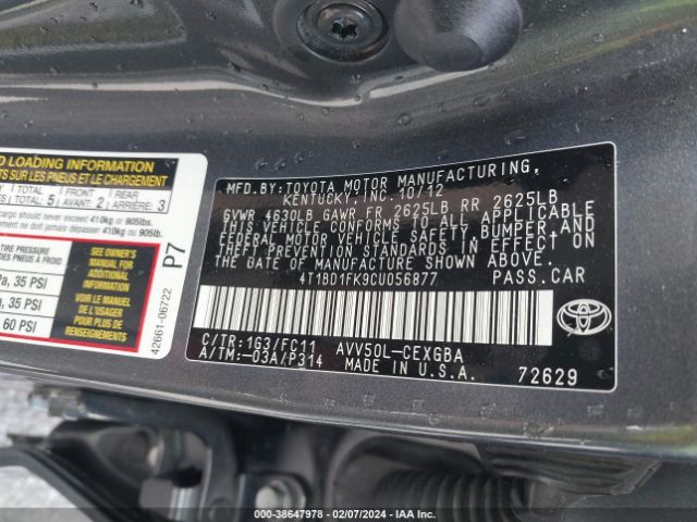 Photo 8 VIN: 4T1BD1FK9CU056877 - TOYOTA CAMRY HYBRID 