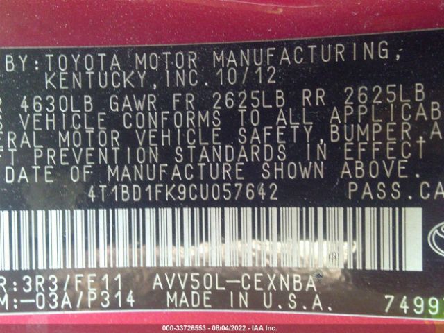 Photo 8 VIN: 4T1BD1FK9CU057642 - TOYOTA CAMRY HYBRID 