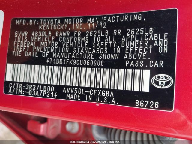 Photo 8 VIN: 4T1BD1FK9CU060900 - TOYOTA CAMRY HYBRID 