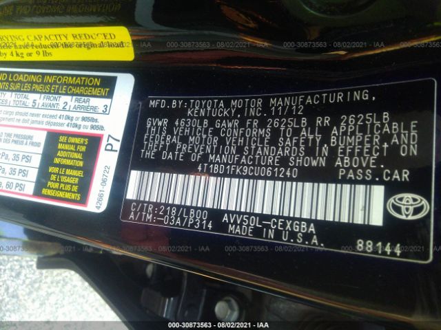 Photo 8 VIN: 4T1BD1FK9CU061240 - TOYOTA CAMRY HYBRID 