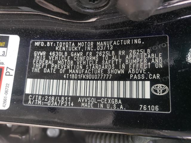 Photo 9 VIN: 4T1BD1FK9DU077777 - TOYOTA CAMRY HYBR 