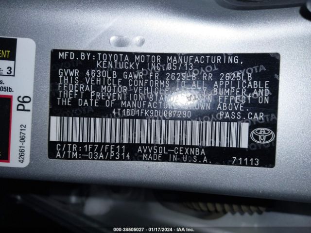 Photo 8 VIN: 4T1BD1FK9DU087290 - TOYOTA CAMRY HYBRID 