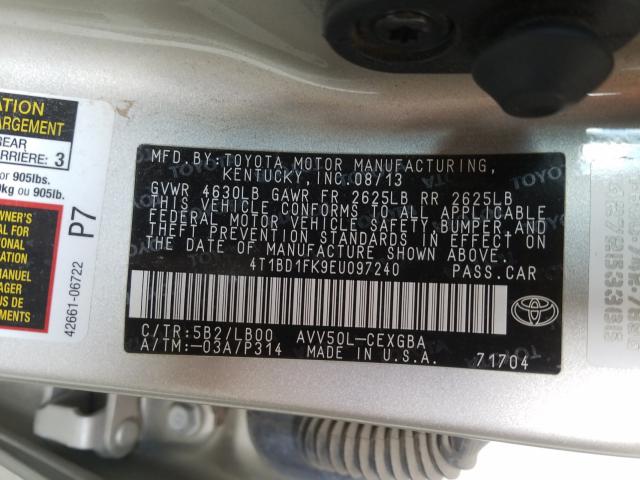 Photo 9 VIN: 4T1BD1FK9EU097240 - TOYOTA CAMRY HYBR 