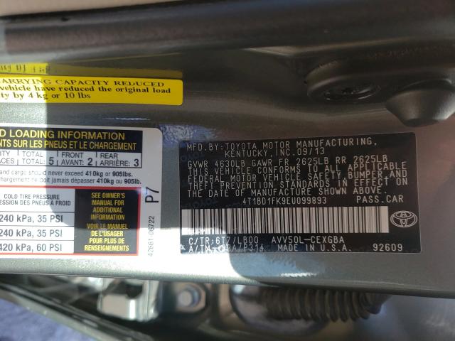 Photo 9 VIN: 4T1BD1FK9EU099893 - TOYOTA CAMRY HYBR 