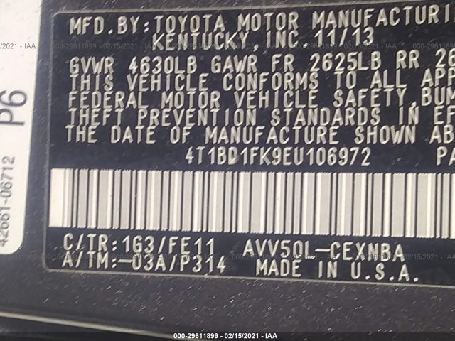 Photo 8 VIN: 4T1BD1FK9EU106972 - TOYOTA CAMRY HYBRID 