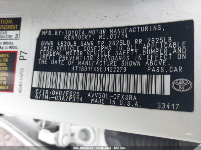 Photo 8 VIN: 4T1BD1FK9EU122279 - TOYOTA CAMRY HYBRID 