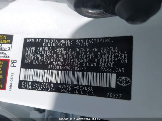 Photo 8 VIN: 4T1BD1FK9GU189242 - TOYOTA CAMRY HYBRID 