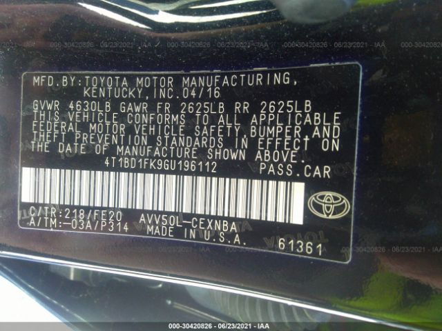 Photo 8 VIN: 4T1BD1FK9GU196112 - TOYOTA CAMRY HYBRID 