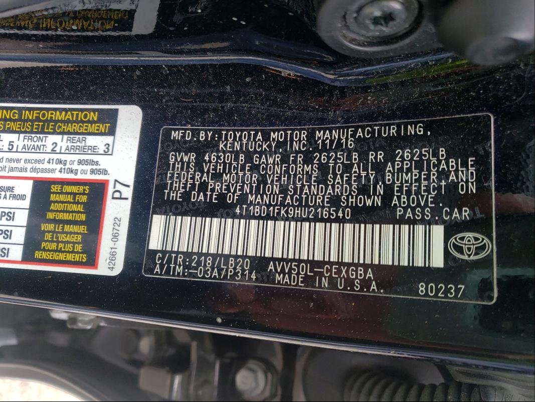 Photo 9 VIN: 4T1BD1FK9HU216540 - TOYOTA CAMRY HYBR 