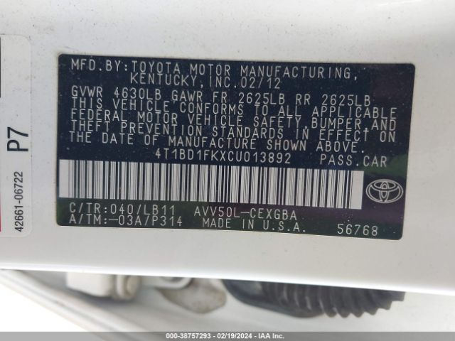 Photo 8 VIN: 4T1BD1FKXCU013892 - TOYOTA CAMRY HYBRID 