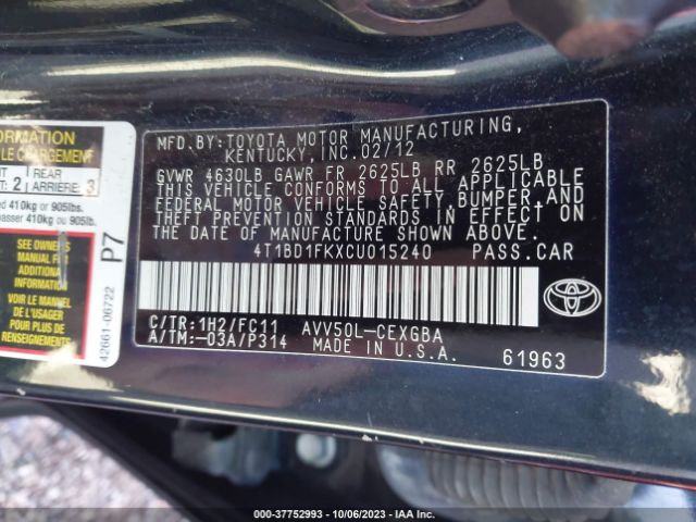 Photo 8 VIN: 4T1BD1FKXCU015240 - TOYOTA CAMRY HYBRID 