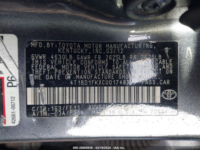 Photo 8 VIN: 4T1BD1FKXCU017487 - TOYOTA CAMRY HYBRID 