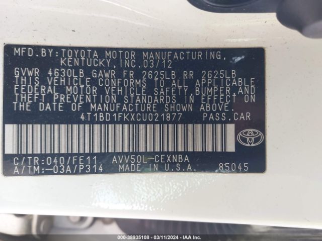 Photo 8 VIN: 4T1BD1FKXCU021877 - TOYOTA CAMRY HYBRID 