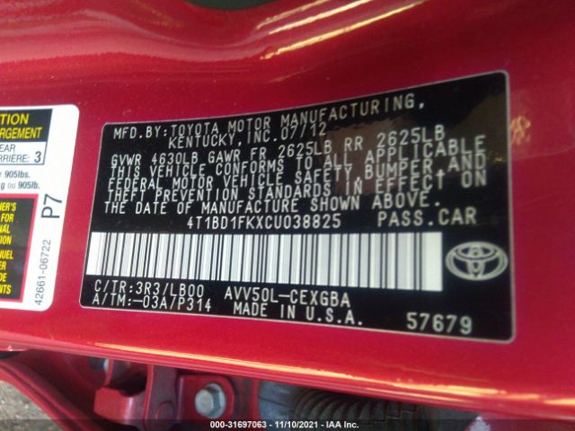 Photo 8 VIN: 4T1BD1FKXCU038825 - TOYOTA CAMRY HYBRID 