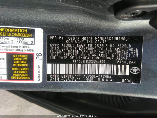 Photo 8 VIN: 4T1BD1FKXCU047900 - TOYOTA CAMRY HYBRID 