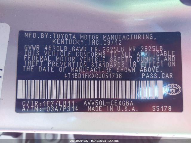 Photo 8 VIN: 4T1BD1FKXCU051736 - TOYOTA CAMRY HYBRID 