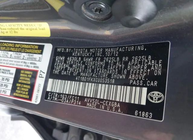 Photo 8 VIN: 4T1BD1FKXCU053518 - TOYOTA CAMRY 