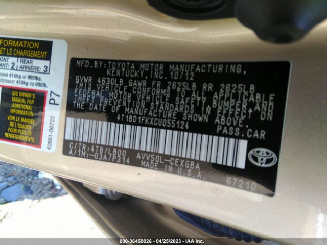 Photo 8 VIN: 4T1BD1FKXCU055124 - TOYOTA CAMRY HYBRID 