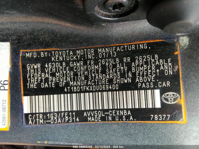 Photo 8 VIN: 4T1BD1FKXDU069400 - TOYOTA CAMRY HYBRID 