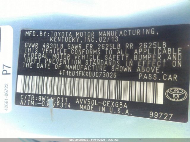 Photo 8 VIN: 4T1BD1FKXDU073026 - TOYOTA CAMRY HYBRID 