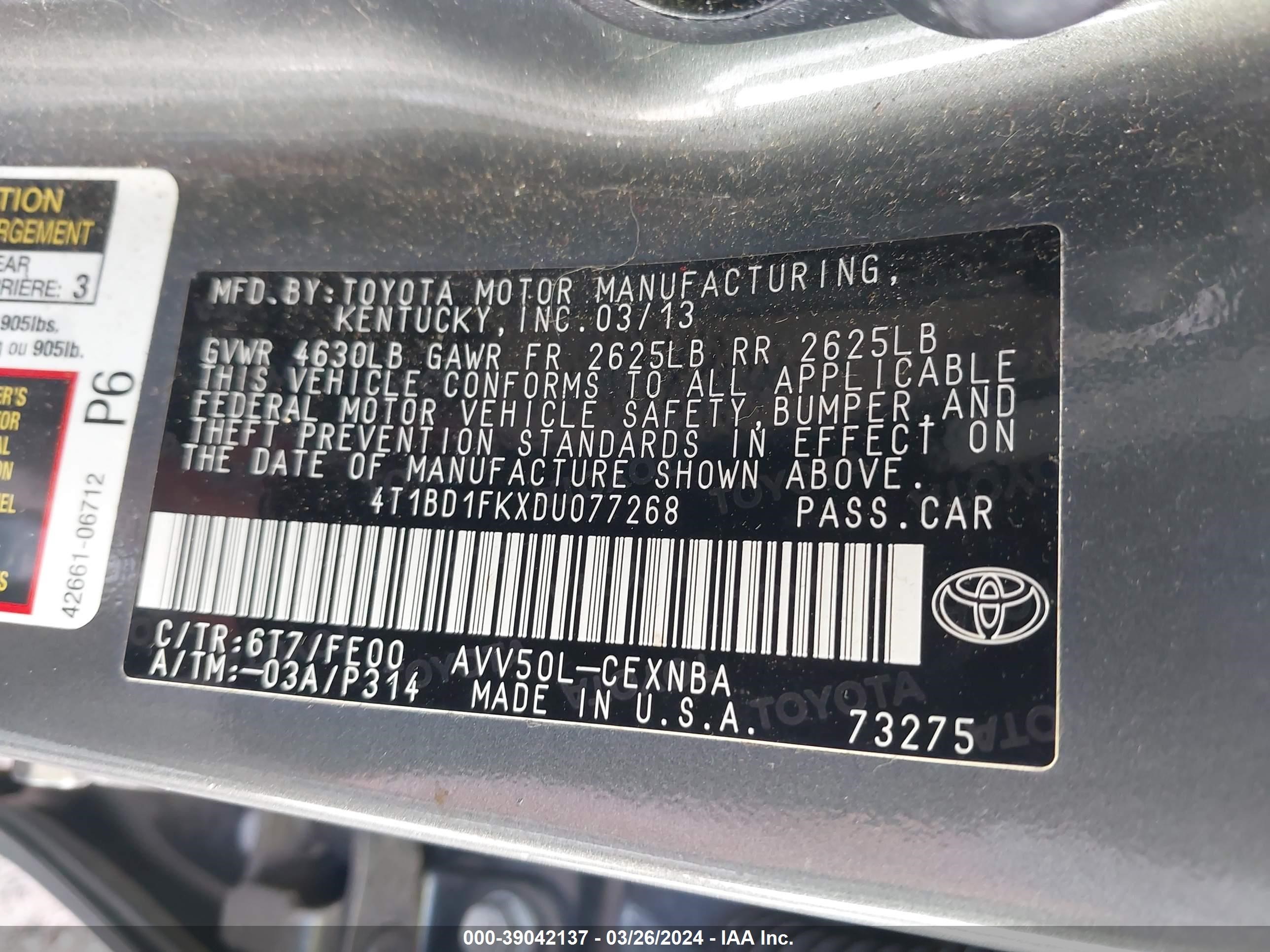 Photo 8 VIN: 4T1BD1FKXDU077268 - TOYOTA CAMRY 