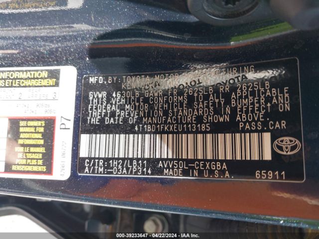 Photo 8 VIN: 4T1BD1FKXEU113185 - TOYOTA CAMRY HYBRID 