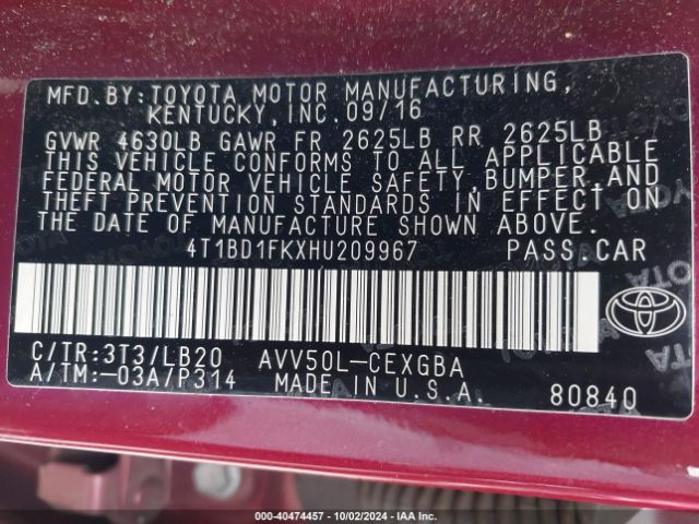 Photo 8 VIN: 4T1BD1FKXHU209967 - TOYOTA CAMRY 