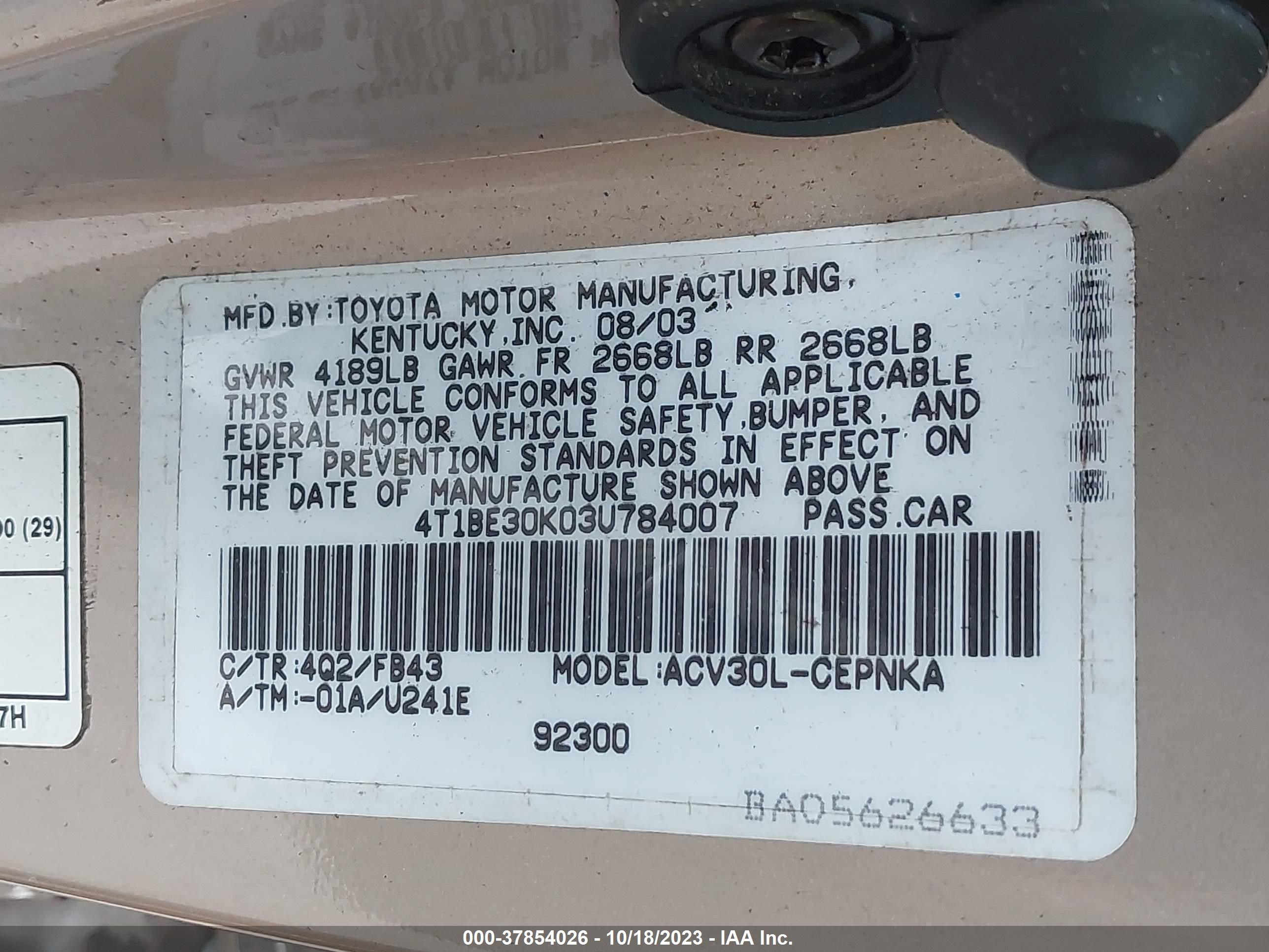 Photo 8 VIN: 4T1BE30K03U784007 - TOYOTA CAMRY 