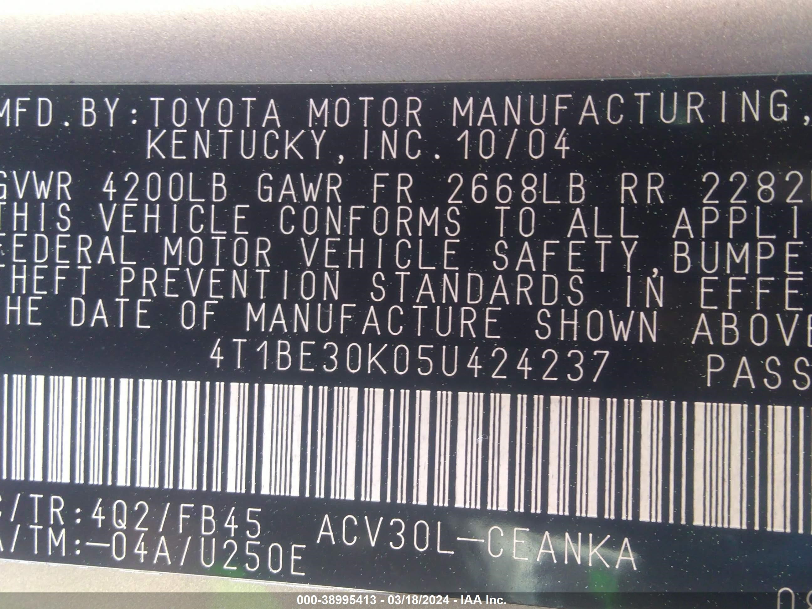 Photo 8 VIN: 4T1BE30K05U424237 - TOYOTA CAMRY 