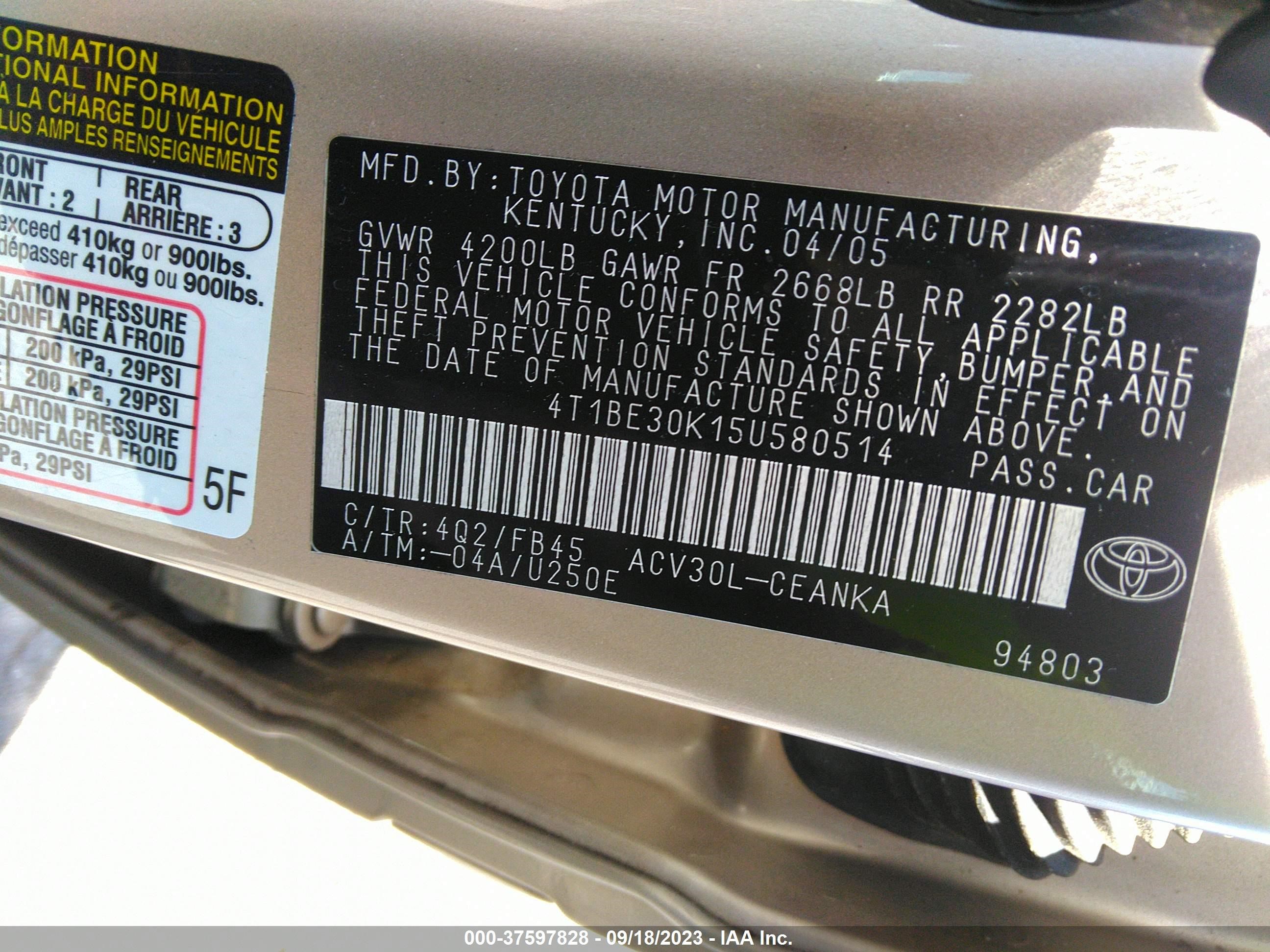 Photo 8 VIN: 4T1BE30K15U580514 - TOYOTA CAMRY 