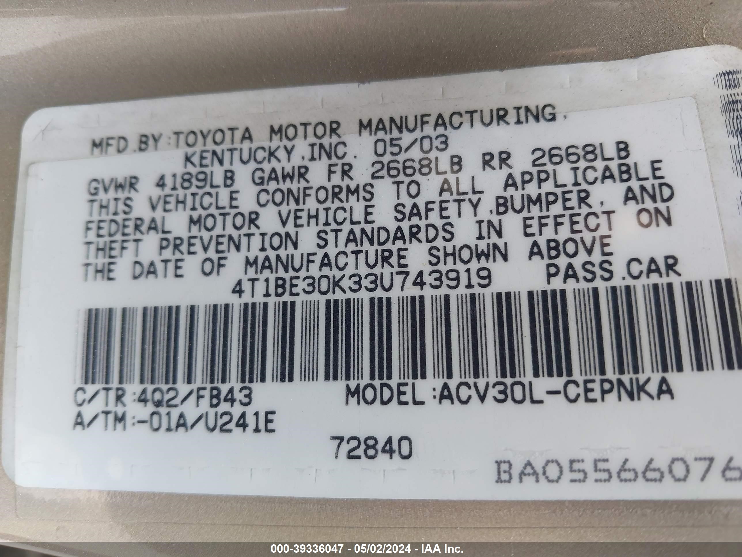 Photo 8 VIN: 4T1BE30K33U743919 - TOYOTA CAMRY 