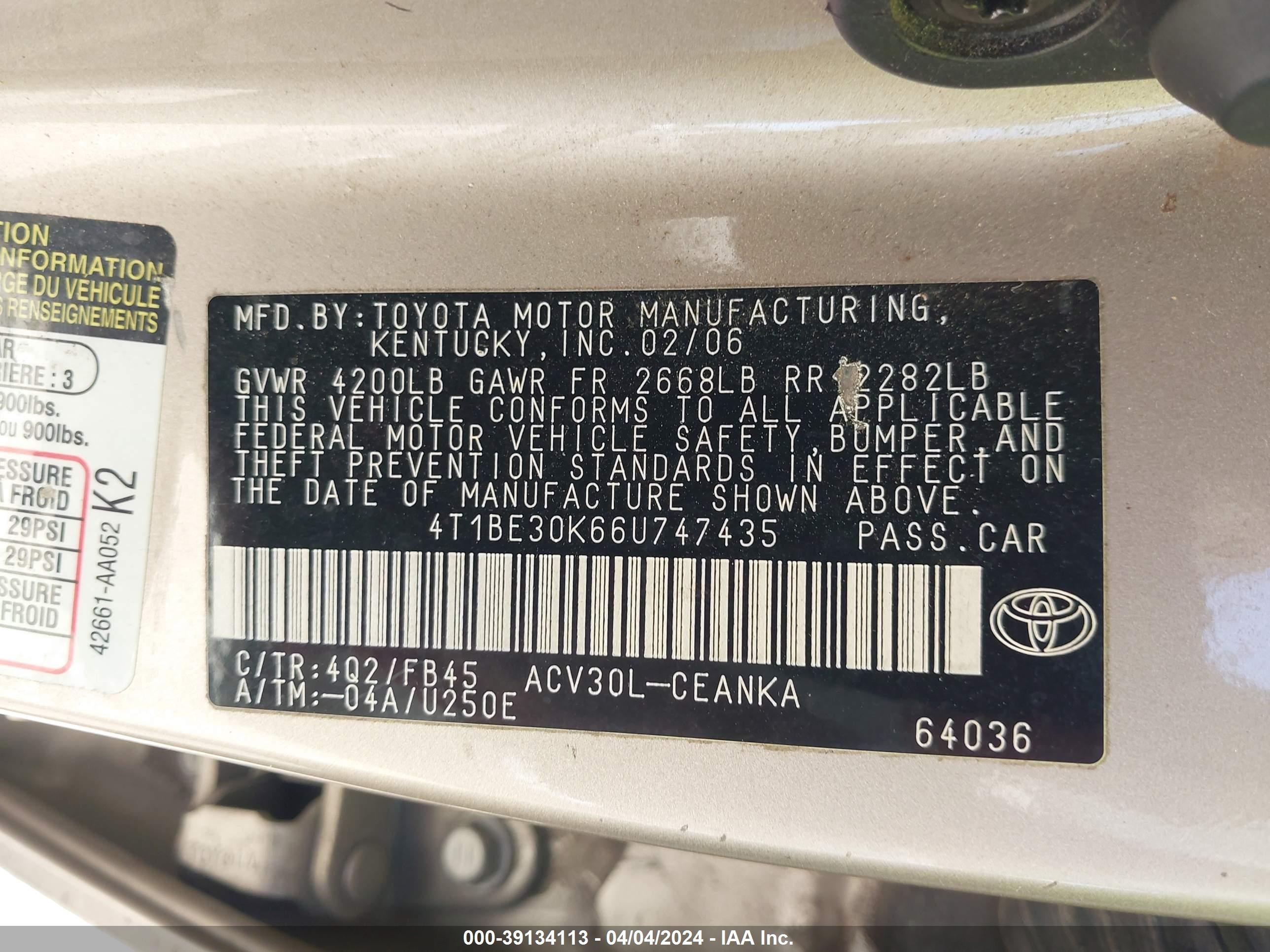 Photo 8 VIN: 4T1BE30K66U747435 - TOYOTA CAMRY 