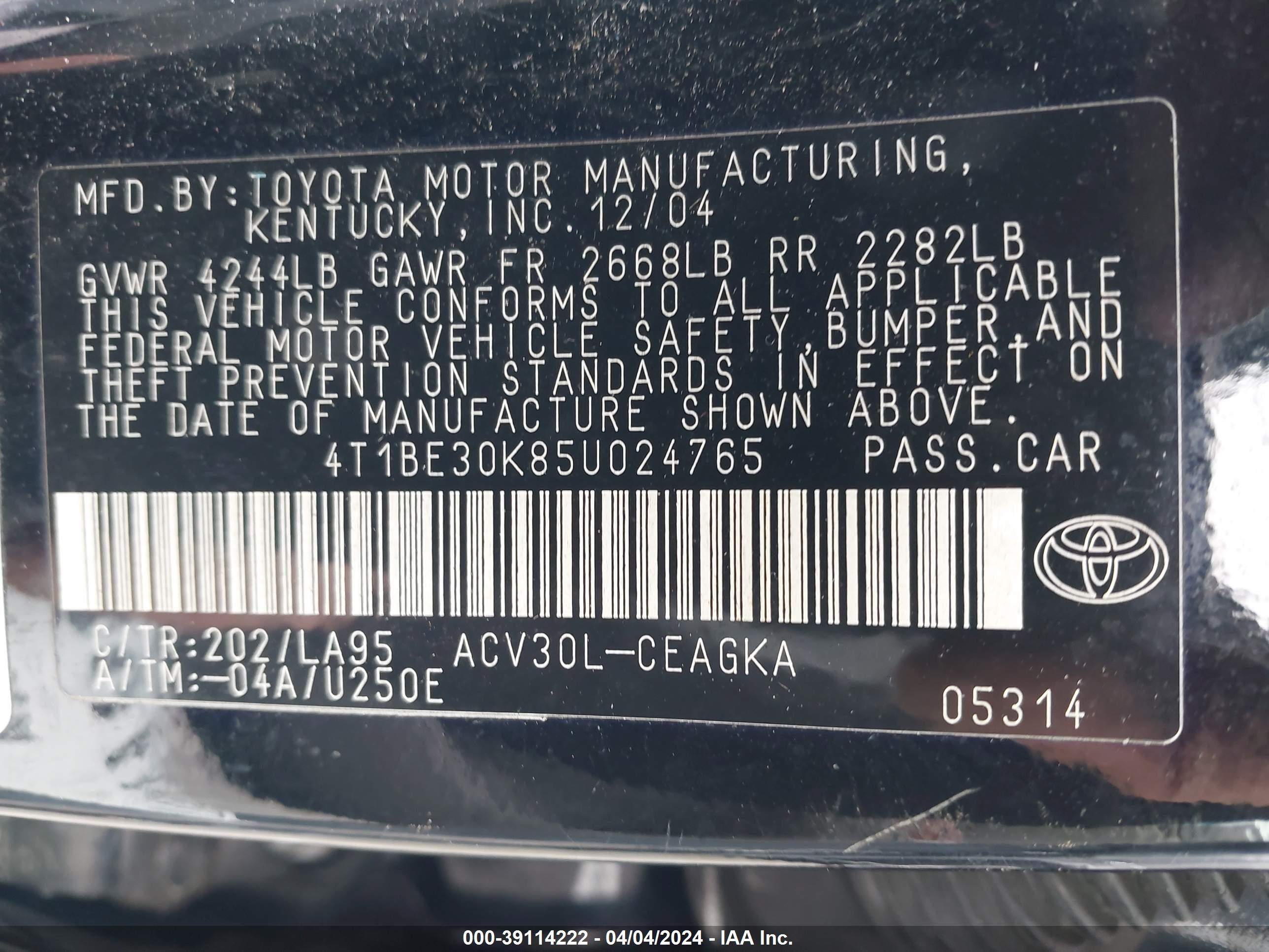 Photo 8 VIN: 4T1BE30K85U024765 - TOYOTA CAMRY 