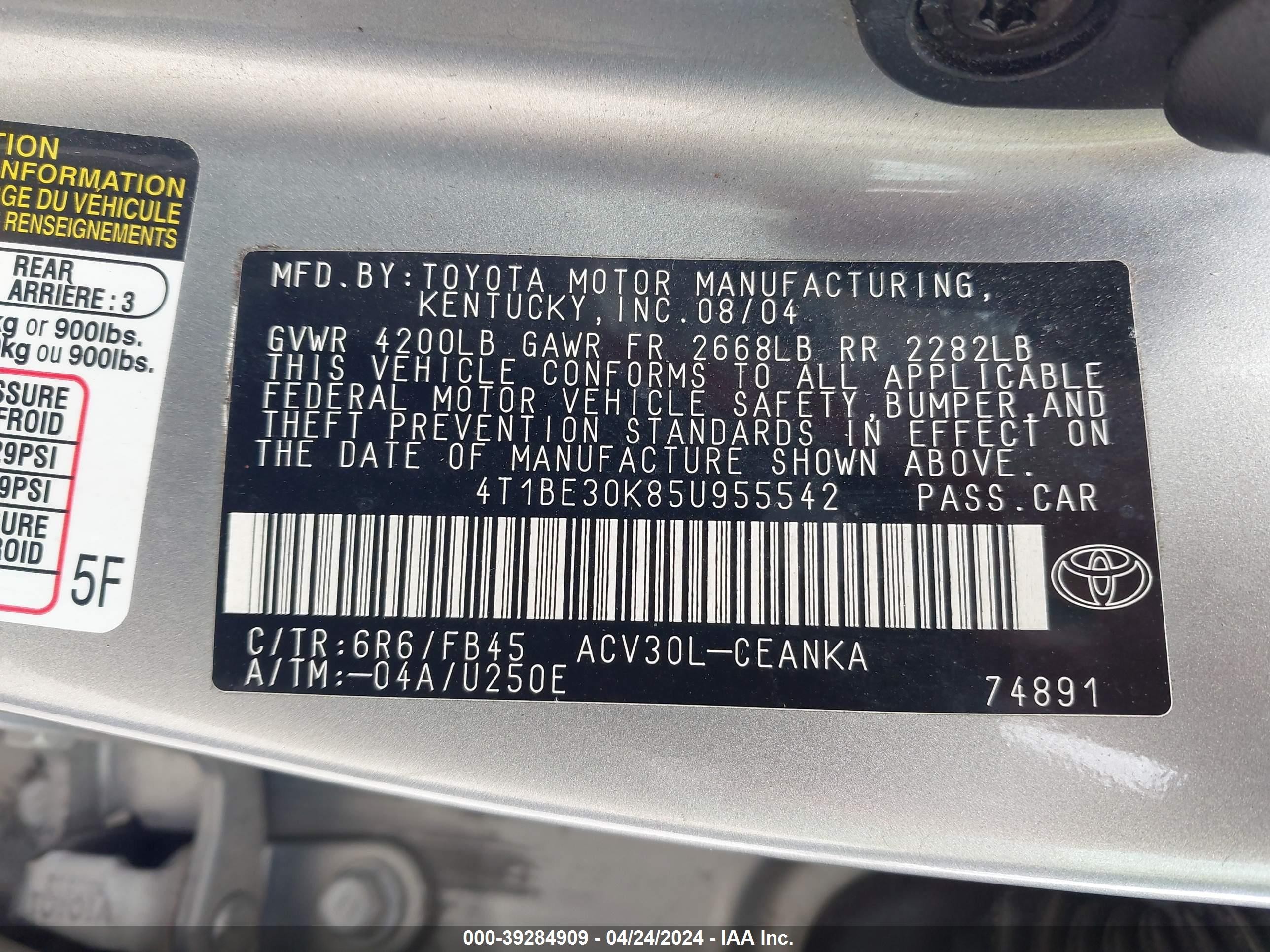 Photo 8 VIN: 4T1BE30K85U955542 - TOYOTA CAMRY 