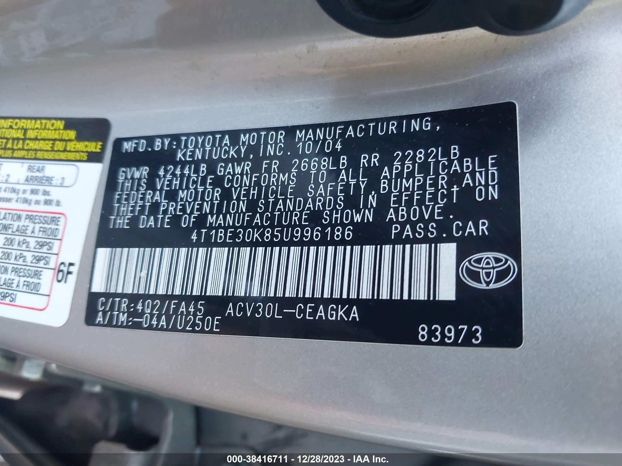 Photo 8 VIN: 4T1BE30K85U996186 - TOYOTA CAMRY 